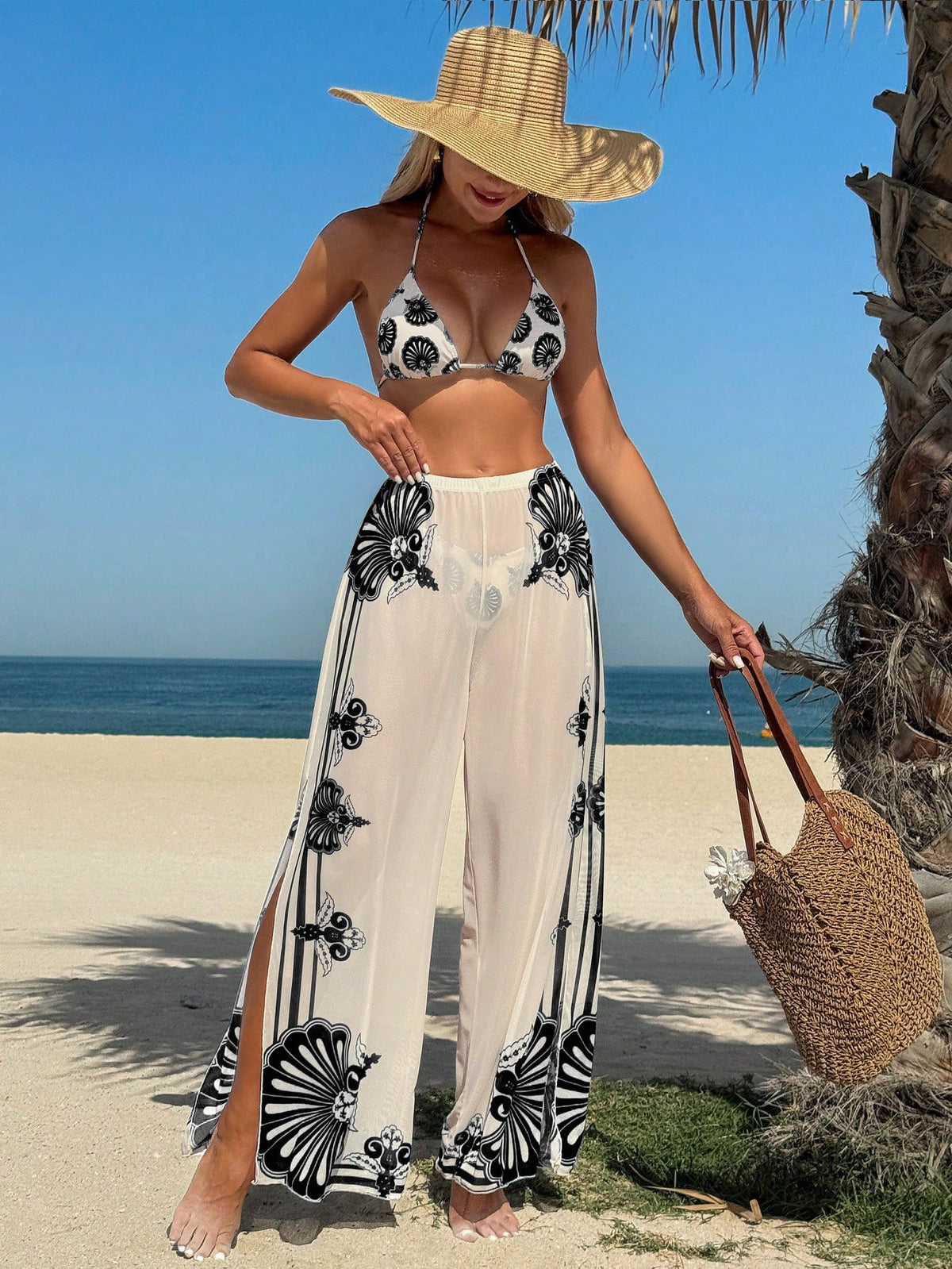 Conjunto Com Calça Pantalona Estampa Conchas Elegante