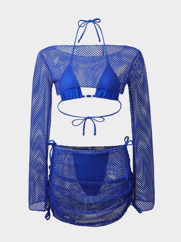 Conjunto Biquíni Triângulo Com Tela Vazada Estilo Crochê