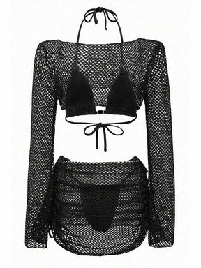 Conjunto Biquíni Triângulo Com Tela Vazada Estilo Crochê