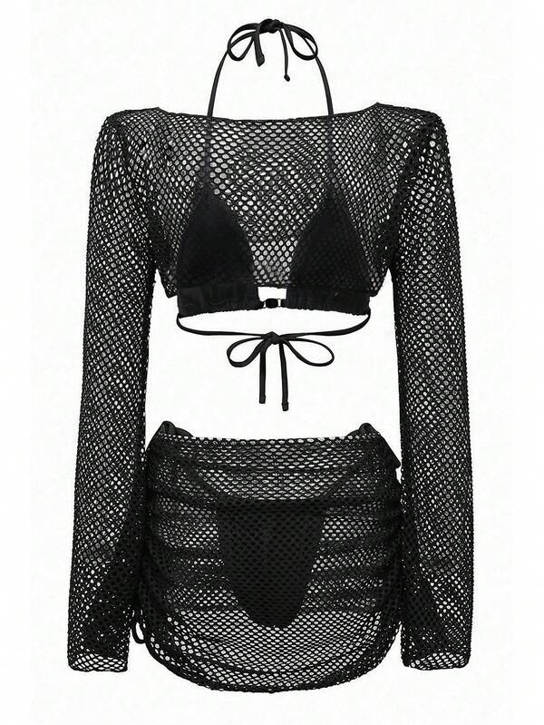 Conjunto Biquíni Triângulo Com Tela Vazada Estilo Crochê
