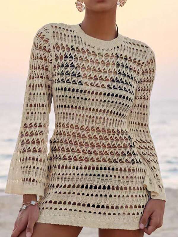 Saída De Praia Vestido Curto Estilo Crochê Trançado