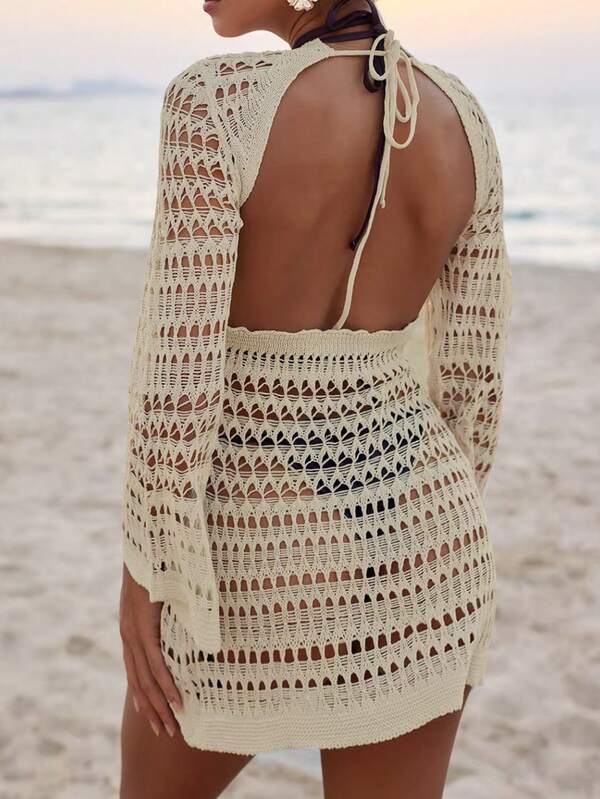 Saída De Praia Vestido Curto Estilo Crochê Trançado