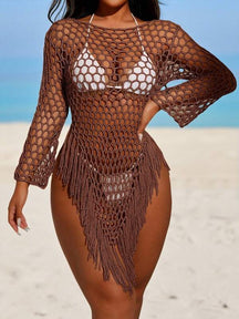 Saída De Praia Vestido Curto Trama Aberta Com Franjas