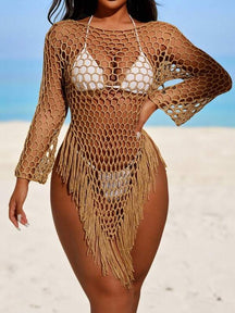 Saída De Praia Vestido Curto Trama Aberta Com Franjas