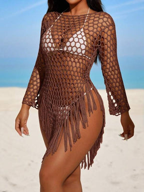 Saída De Praia Vestido Curto Trama Aberta Com Franjas