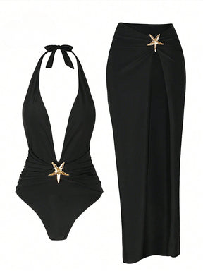 Conjunto Maiô Decote Profundo Com Saia Longa Elegante