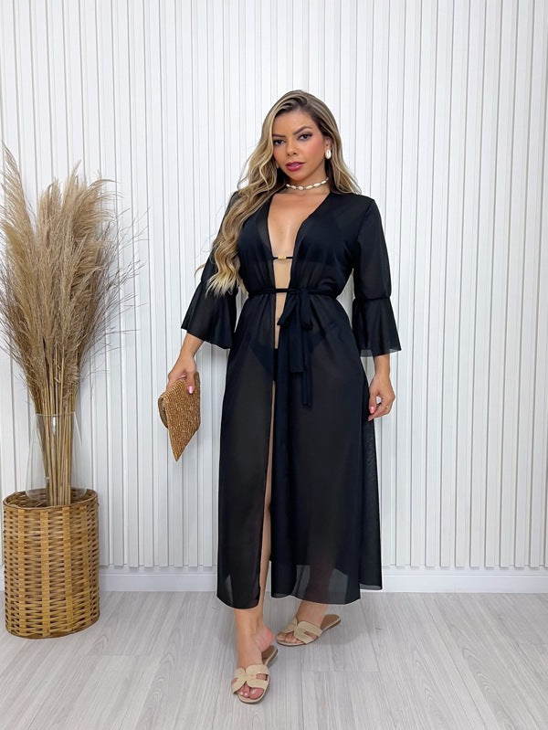 Saída De Praia Kimono Longo Com Amarração Frente