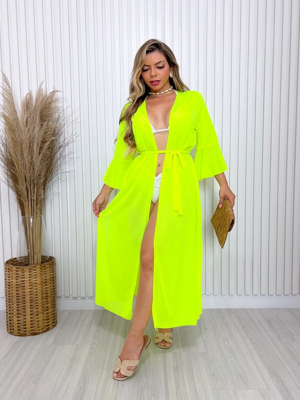 Saída De Praia Kimono Longo Com Amarração Frente